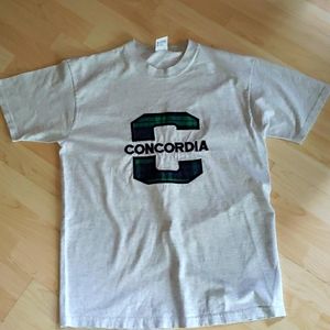 Vintage CONCORDIA UNIVERSITY T SHIRT SIZE LARGE PLAID  USA MADE ANVIL